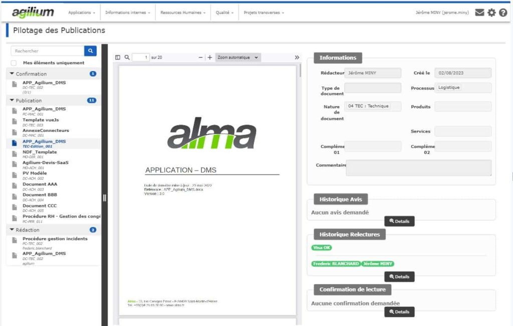 Capture d'écran du suivi des publications de documents qualité dans Agilium